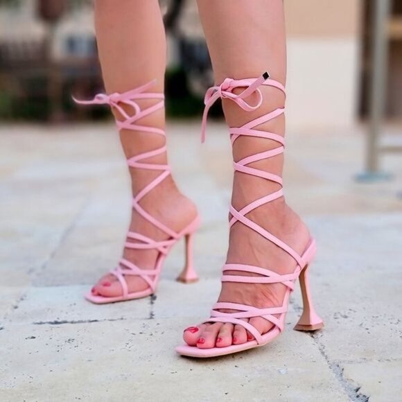 Women's Pink Strappy Pyramid Heel Gladiator Sandals - Picture 3 of 5